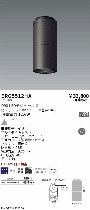 遠藤照明　軒下用シーリングダウンライト　ERG5512HB