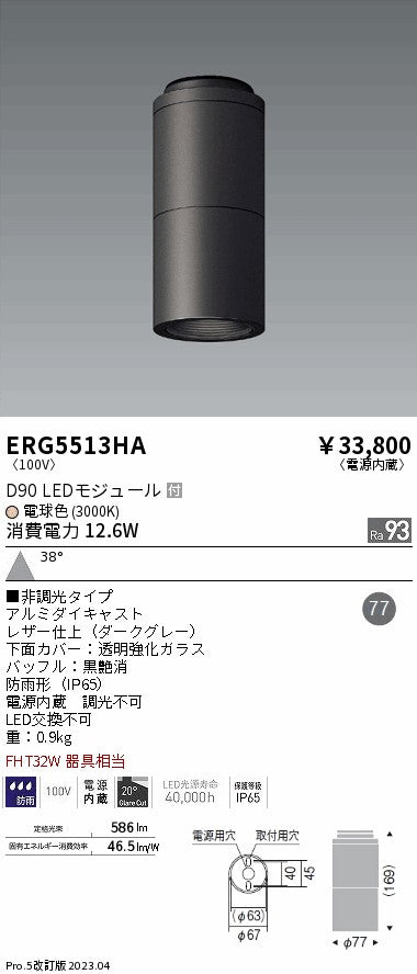 遠藤照明　軒下用シーリングダウンライト　ERG5513HB