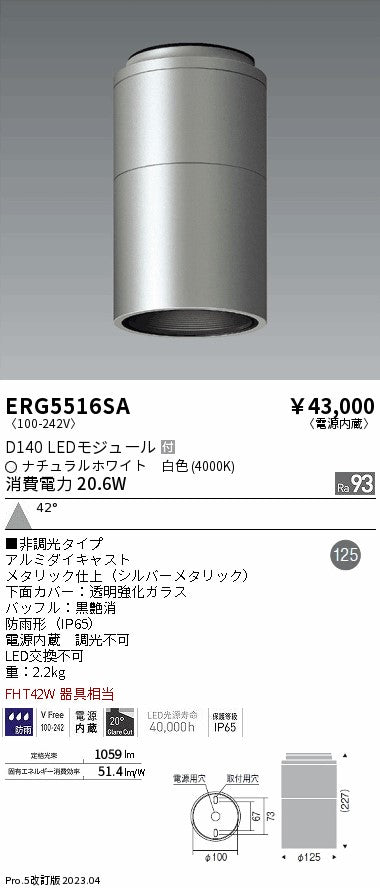 遠藤照明　軒下用シーリングダウンライト　ERG5516SB