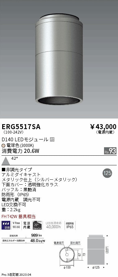遠藤照明　軒下用シーリングダウンライト　ERG5517SB