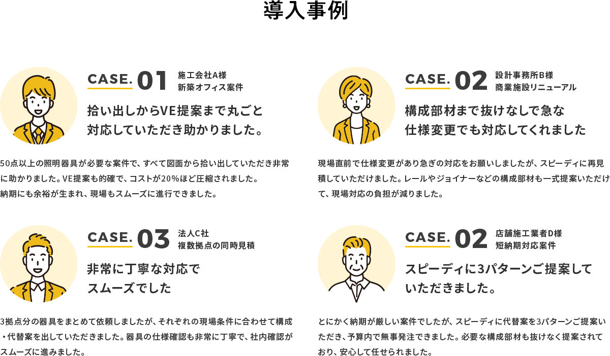 導入事例 CASE01 施工会社A様 新築オフィス案件「拾い出しからVE提案まで丸ごと対応」 CASE02 設計事務所B様 商業施設リニューアル「構成部材まで抜けなしで急な仕様変更にも対応」 CASE03 法人C社 複数拠点の同時見積「非常に丁寧な対応でスムーズ」 店舗施工業者D様 短納期対応案件「スピーディに3パターンご提案」