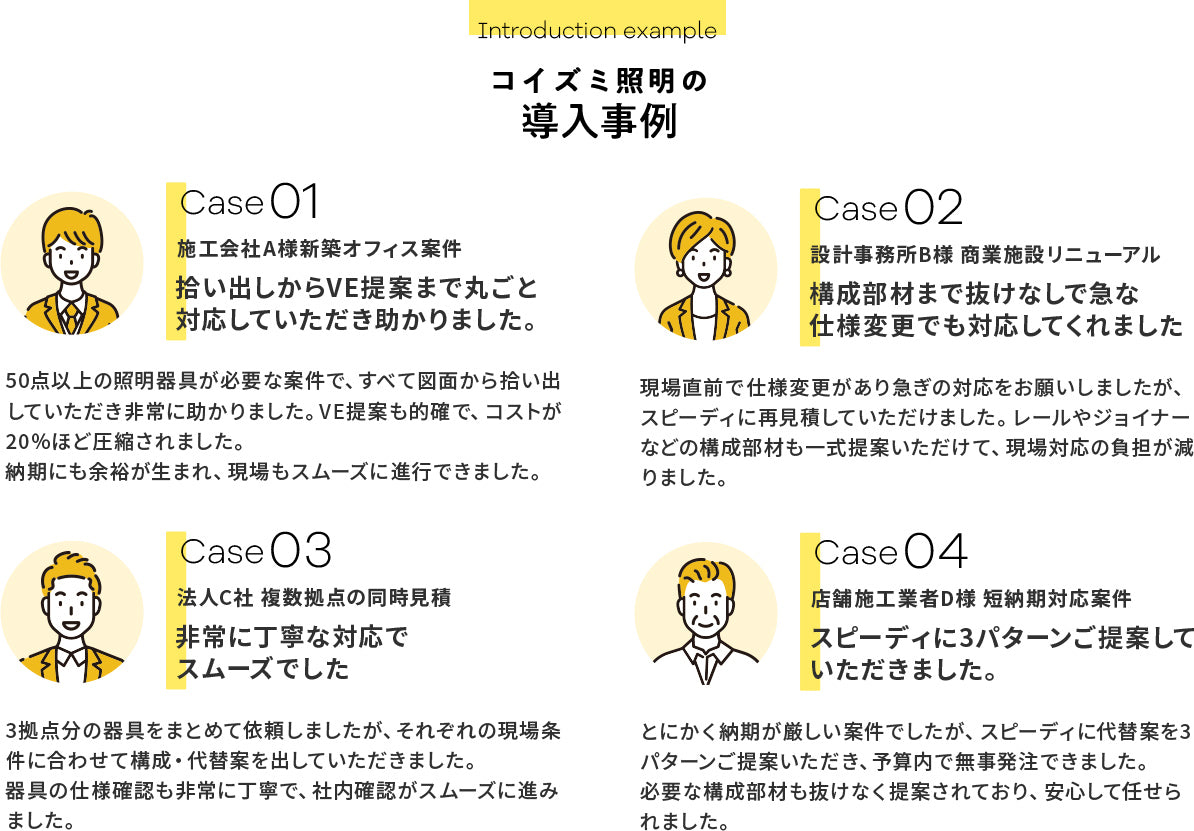 コイズミ照明の導入事例 Case01 施工会社A様新築オフィス案件 Case02 設計事務所B様 商業施設リニューアル Case03 法人C社 複数拠点の同時見積 Case04 店舗施工業者D様 短納期対応案件
